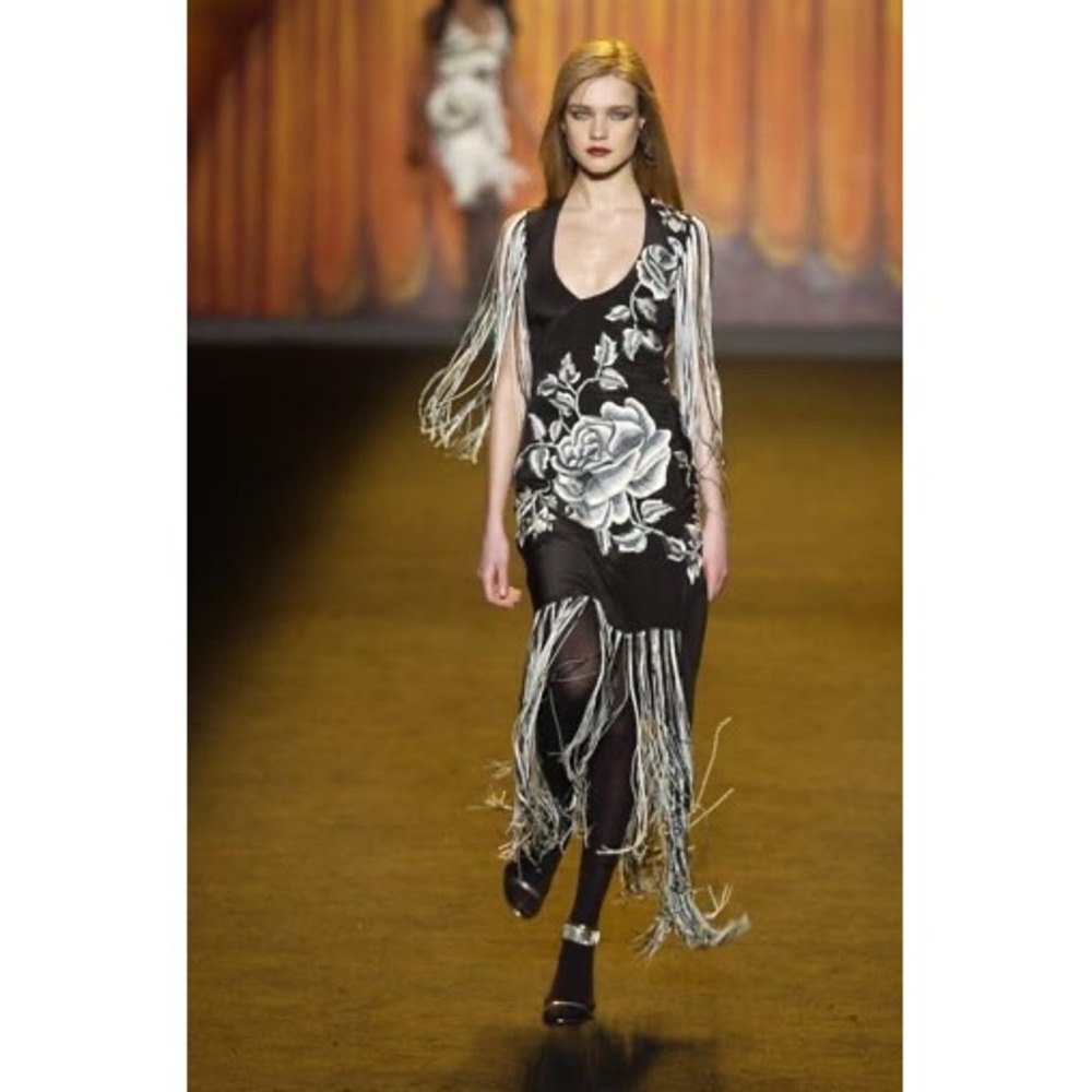 Anna Sui Black Floral Embroidered Fringe Flapper Dress vintage 2003 runway